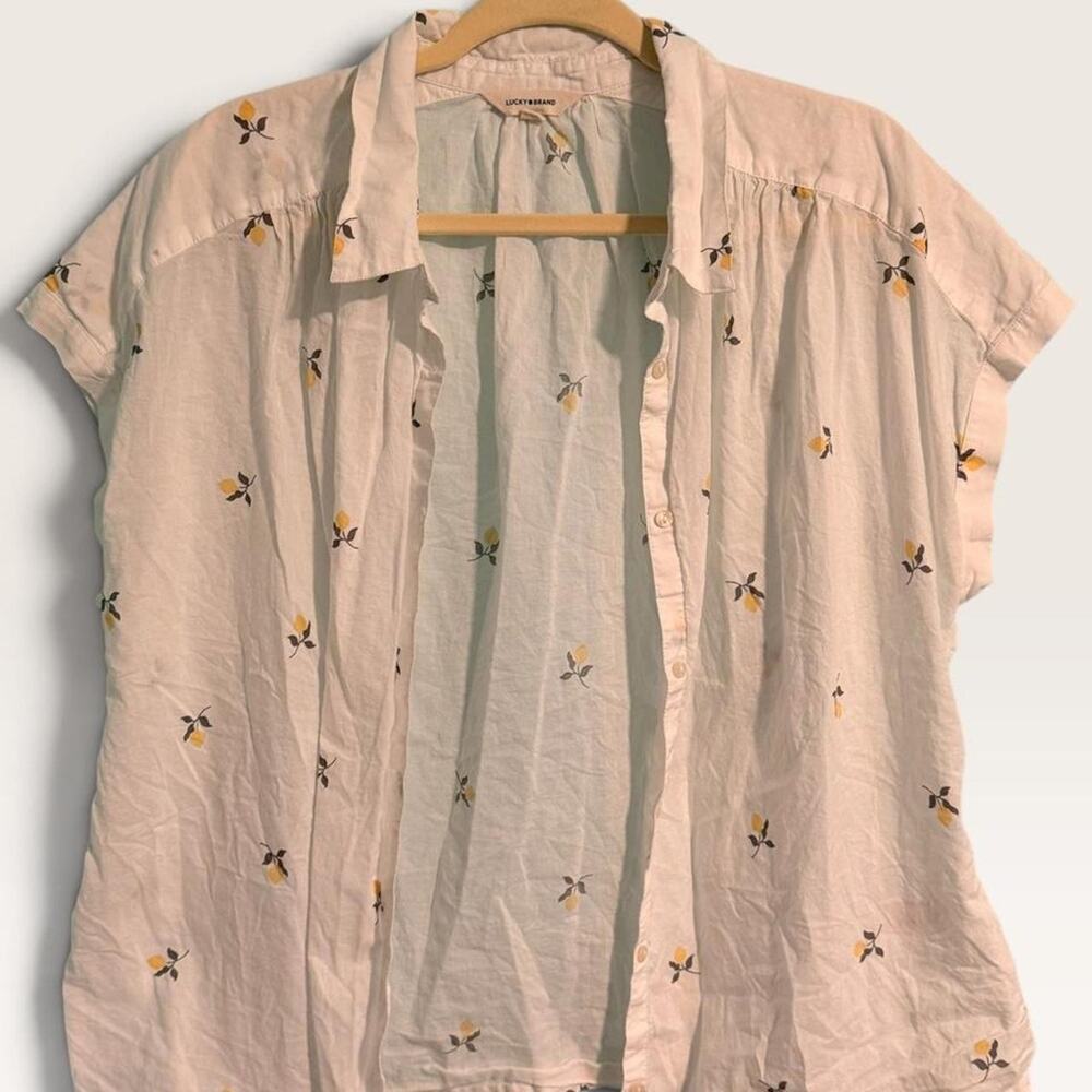 Lucky Brand White Lemon Print Button Up Blouse Womens Large